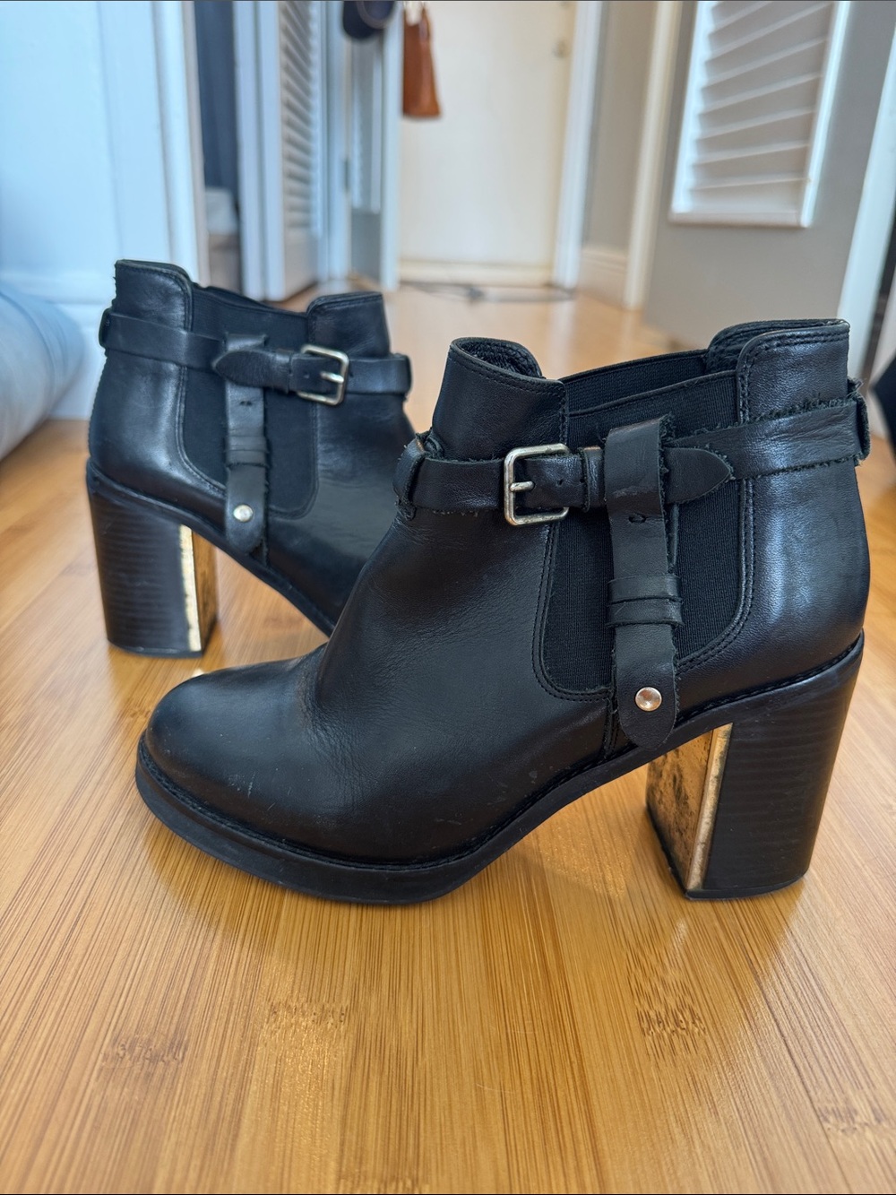 Topshop Black Leather Buckle Heel Ankle Booties